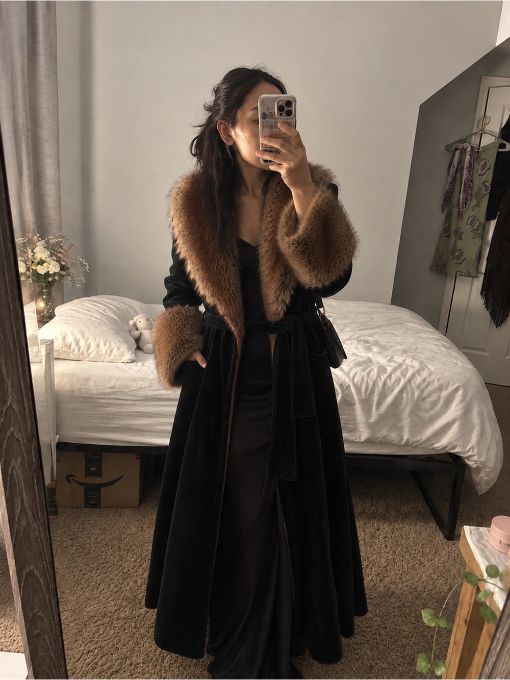 Women's Green Maxi Coat with Brown Fur Trim